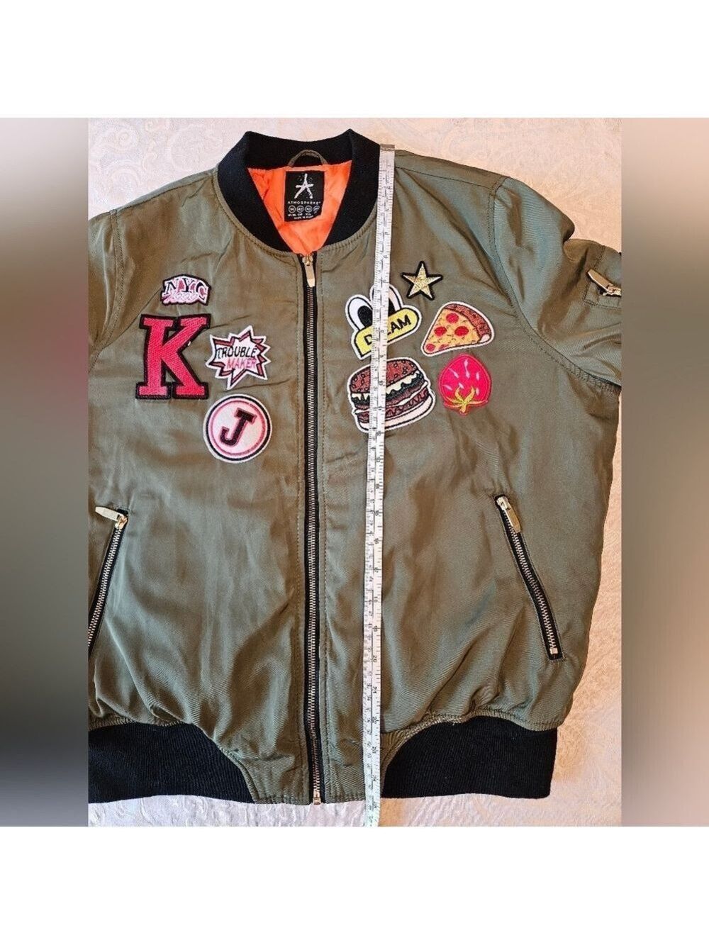 Atmosphere Green Bomber Jacket with Super Cool Unique Patches, Zippers, Size 10 - Picture 3 of 12